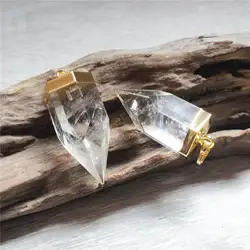 FUWO Wholesale Crystal Quartz Thick Spike Pendant,Golden Plated Natural Stone Accessories For Necklace Making PD326C 5Pcs/Lot