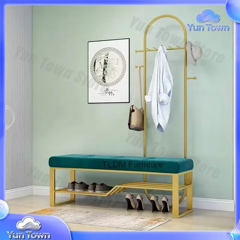 Light Luxury Porch Shoe Changing Stool for Home Bedroom Storage Footstool with Coat Rack for Clothing Store Fitting Room