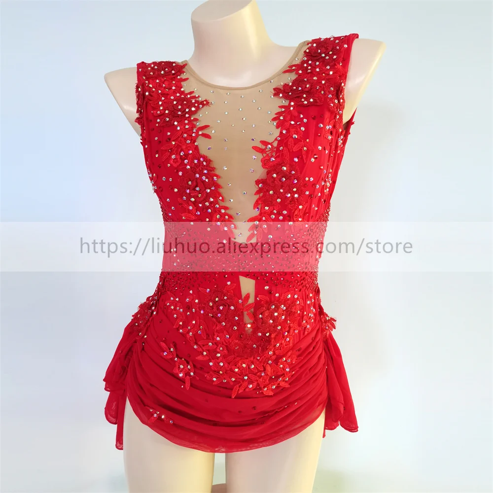 LIUHUO Women Aldult Girl Customize Costume Performance Competition Leotard Ice Figure Skating Dress Red Flowers Roller Teens Kid