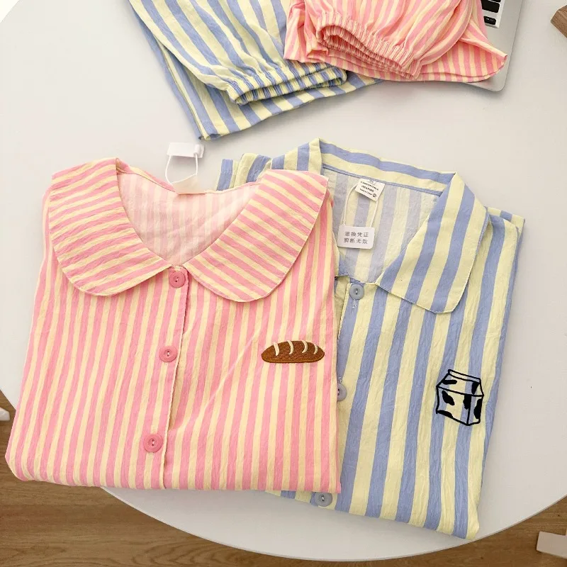 New Women Men Summer Striped Pajamas Girls Boys Short-sleeve Shorts Loungewear Loose Sets Woman Man Casual Homewear  Students