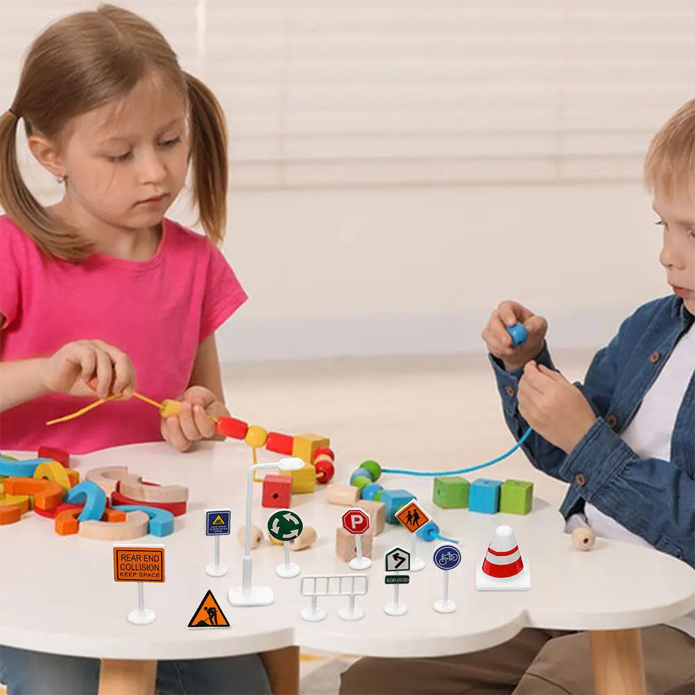 56Pcs Realistic Traffic Signs Set for Kids DIY Road Playset Enhances Motor Skills Spatial Imagination