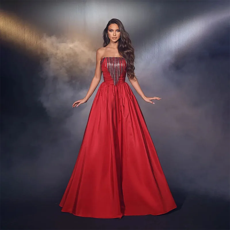 

A Line Evening Dresses Strapless Tassels Party Prom Pleats Formal Long Red Carpet Dress For Special Occasions