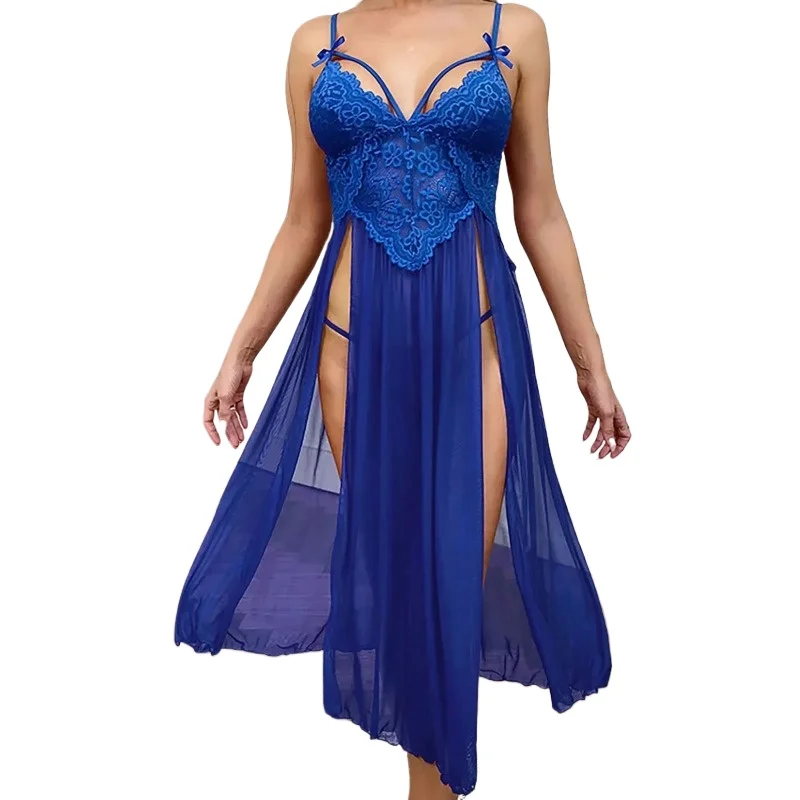 Sexy Mesh Deep V Lace Nightgown Side Slit Maxi Lingerie Set Sexy Women'S Underwear Set Sexy Lingerie Dress Set