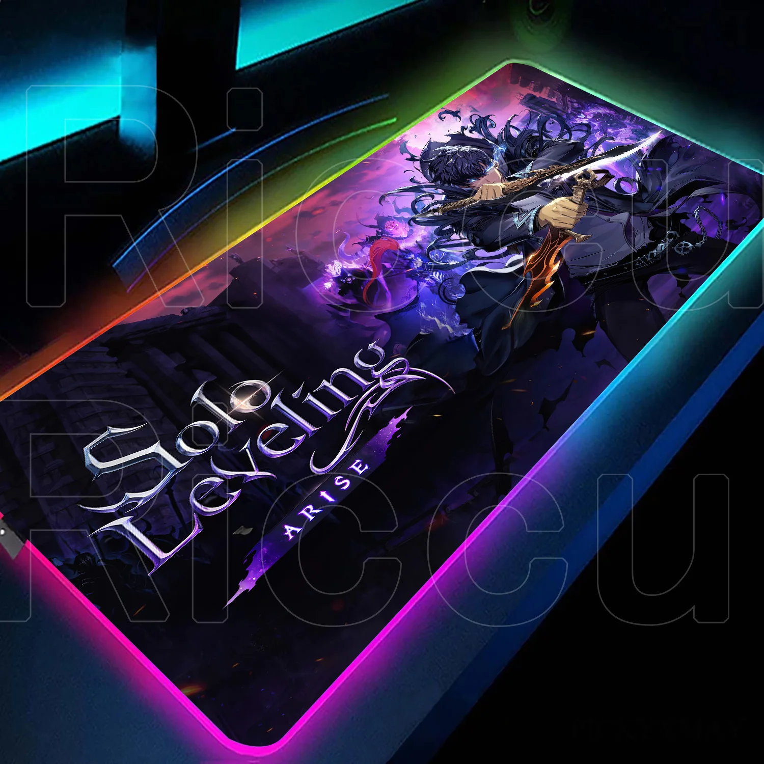 Gaming RGB HD Mauspad Anime Solo Nivellierung Tastatur Tisch Pad mit LED-Hintergrundbeleuchtung XXL Lumines Laptop Spielmatte Anti-Rutsch-Mauspad