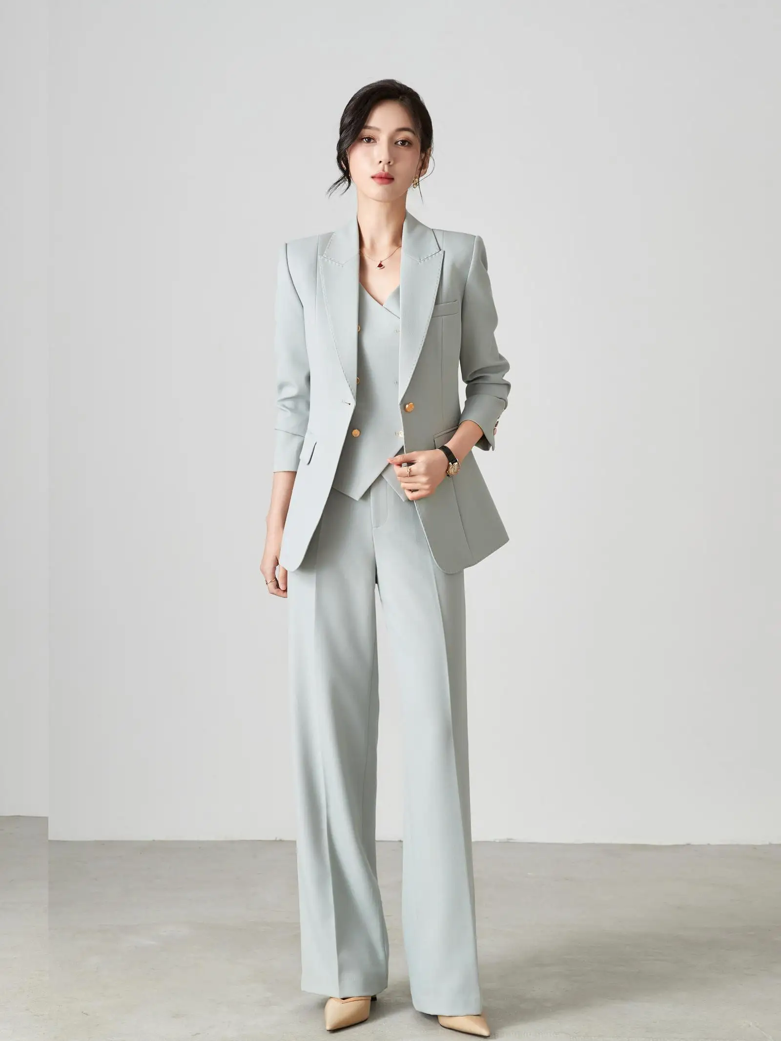 

Spring 2025 Premium Ice Fog Blue Profional Suit Tee-Piece Set Slim Straight Leg Pants Commute Sle Long Sve Button up