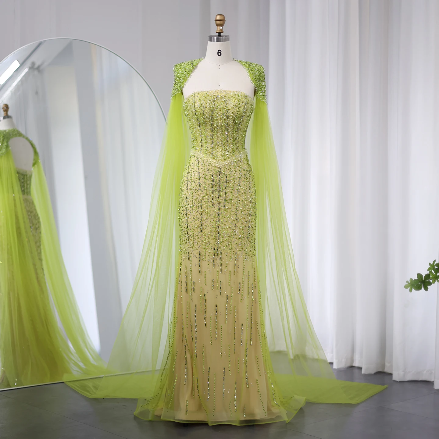 

Sharon Said Luxury Lime Green Mermaid Evening Dress with Cape Sleeves for Arabic Women Wedding Party Prom Gowns SS443 Customized