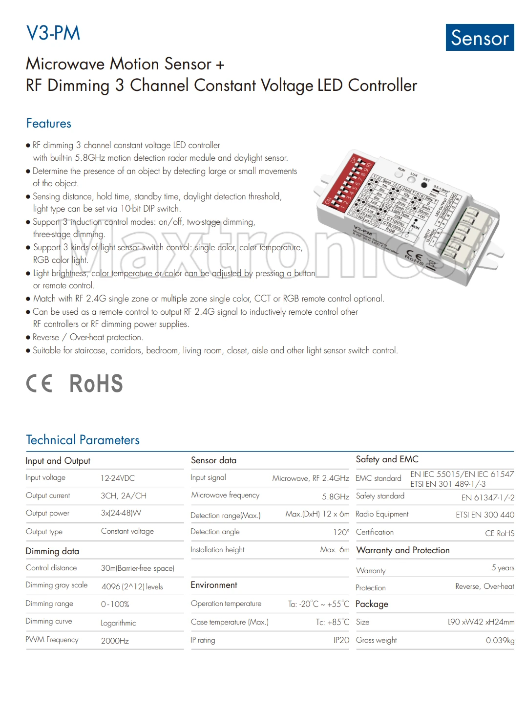 Microwave Motion Sensor V3-PM /Human Presence V3-PE + RF 12-24VDC 3CH*2A 3Channel Constant Voltage LED Controller for LED Strip