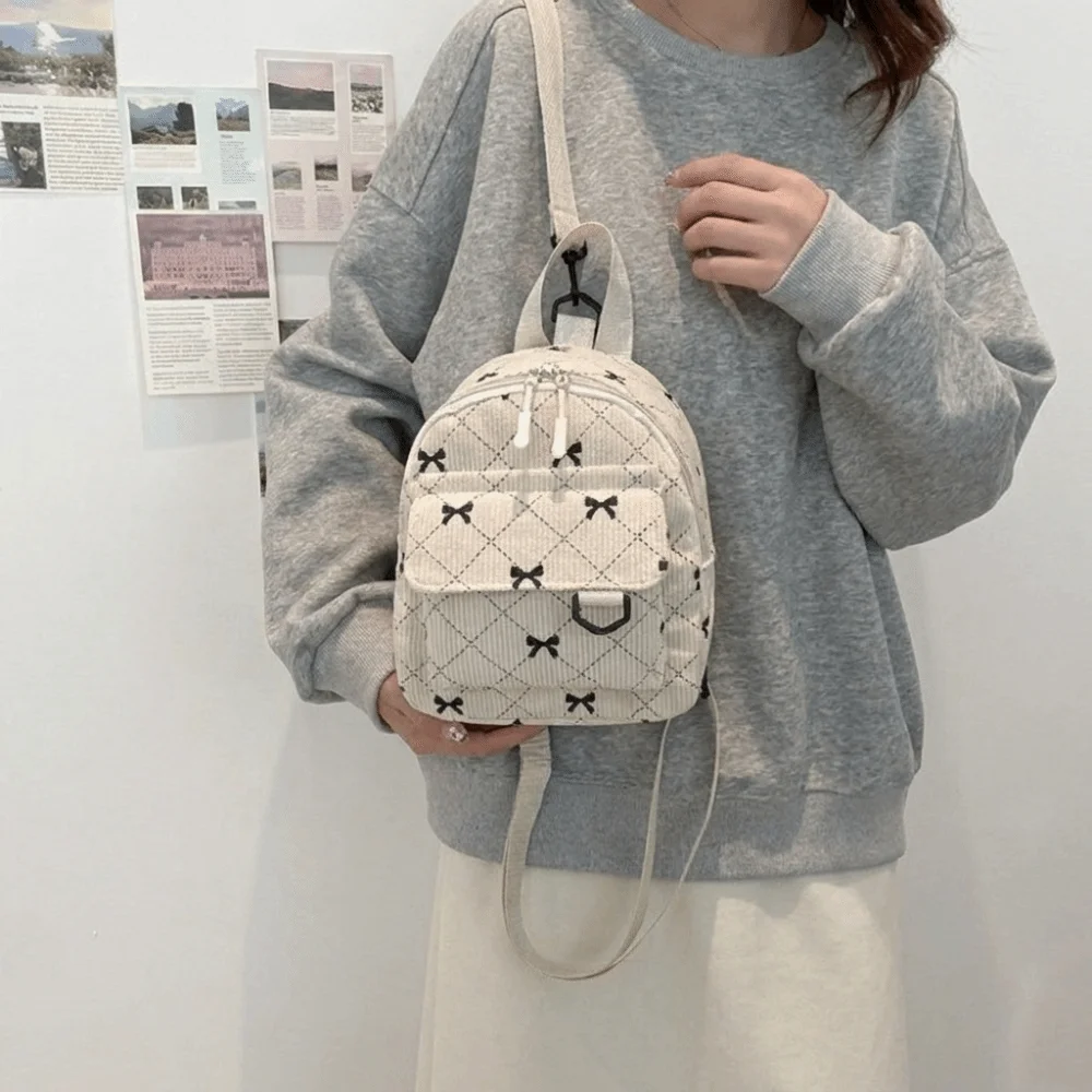 Sweet Corduroy Mini Backpack Bowknot Printed Multi Layered Shoulder Bag Cosmetic Storage Bag Zipper Student School Bag School