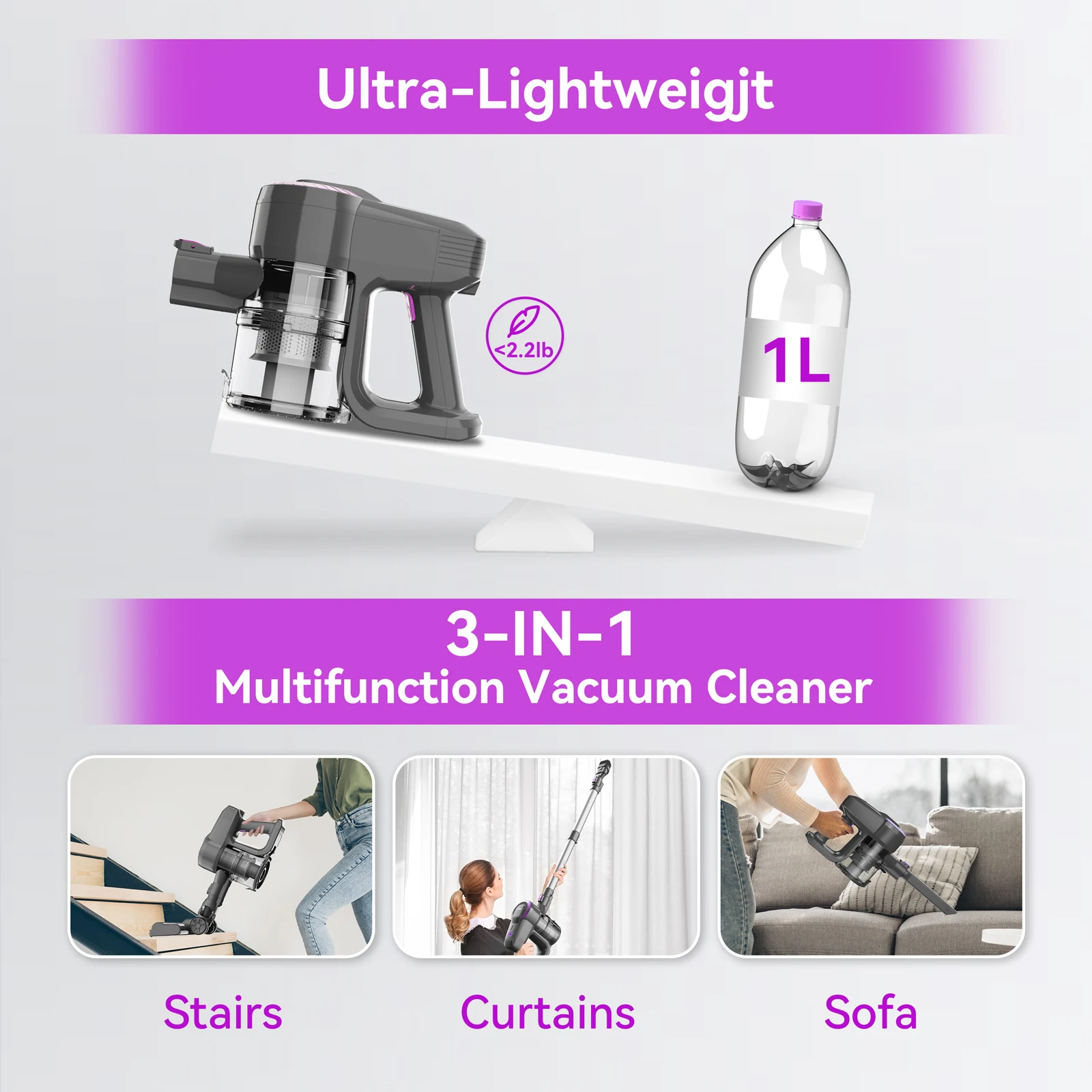 INSE N370 Cordless Vacuum Cleaner, 2200mAh Removable Battery Up to 40Mins Runtime, Stick Vac for Pet Hair Hard Floor Carpet