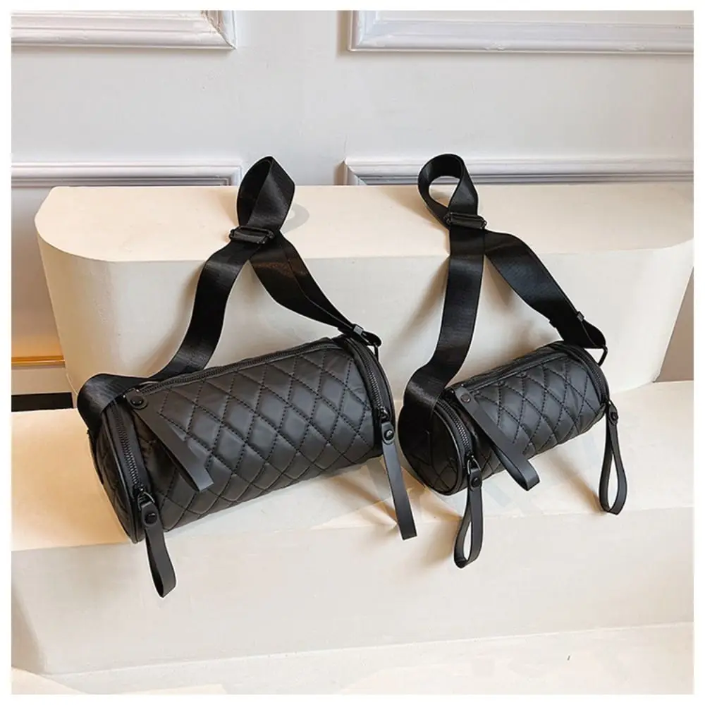 

Vintage Solid Color Cylinder Bag Round Diamond Crossbody Bag Wide Shoulder Strap Nylon Bucket Bag Casual