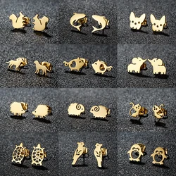 Golden Stainless Steel Animal Stud Earrings for Women Everyday Jewelry Shark Pig Hedgehog Penguin Earring Piercing Cute Gifts