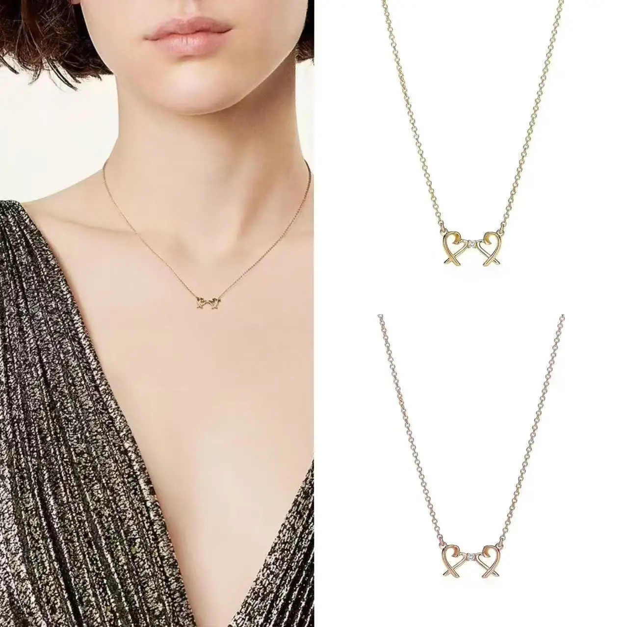 

S925 Sterling Silver Women's Double Heart Love Necklace Jewelry Fashion Delicate High-end Valentine's Day Birthday Party Gifts