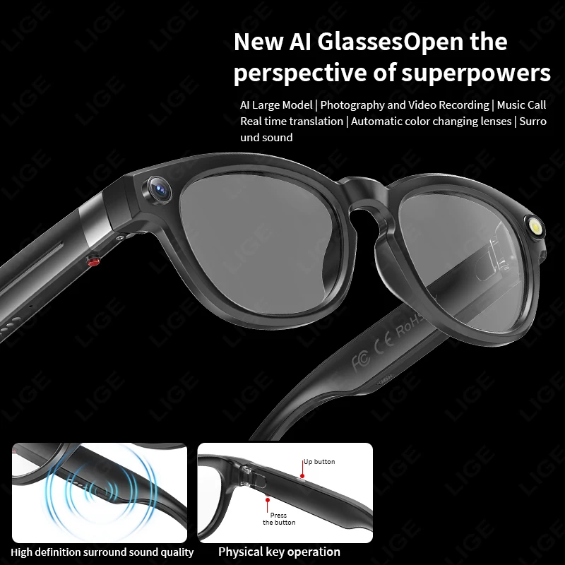 LIGE 4K 800W HD AI Camera Smart Glasses Video Record Bluetooth Call 290mAh Translate Voice Assistant Control Color-change Lenses