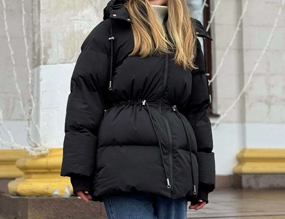 

Hooded Mid Length Jacket for Women in Winter 2025 New Drawstring Waist Slimming Cotton Jacket