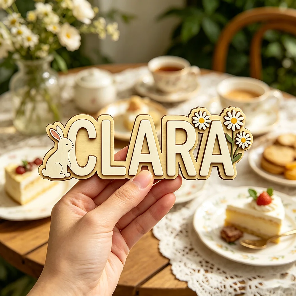 Custom Bunny & Daisy Kids Name Sign for The Dearest Baby, Cute Spring Floral Wooden Nursery Door Plaque - view 3