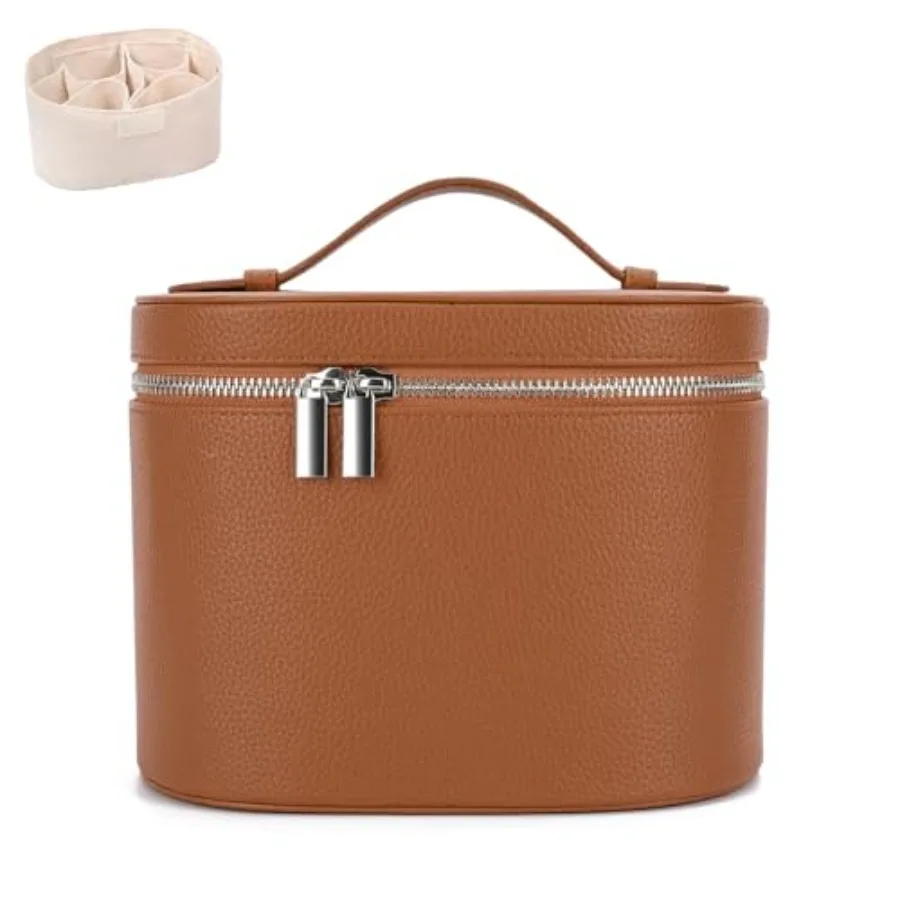 

Leather Make Up Bags With Compartments, travel Cosmetic Bags for Women, Parallel Makeup Travel Bags Organizer Equipped With a D