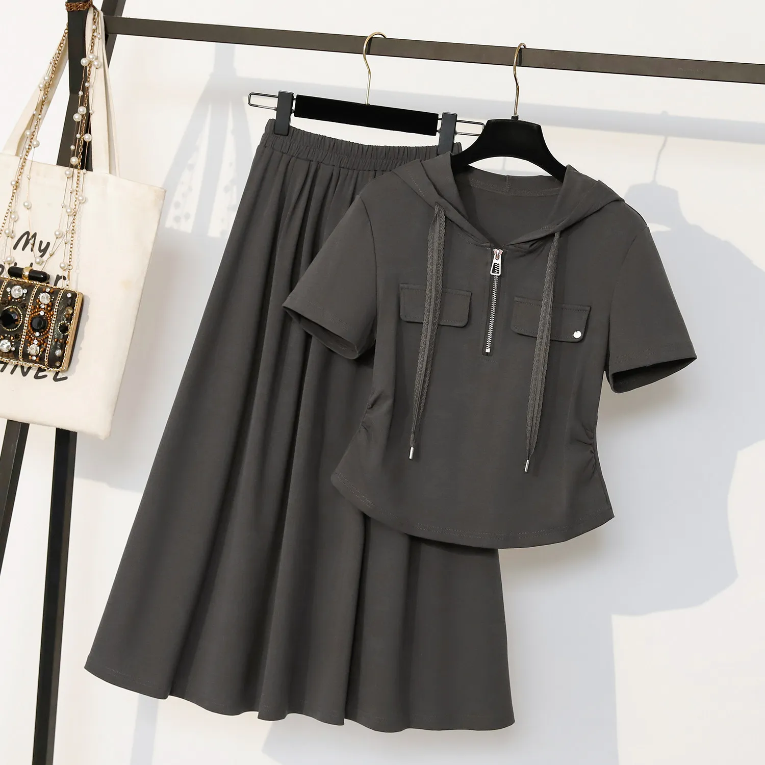 Summer Fashion plus Size Women's T-Shirt And High Waist  Skirt Set Short Sleeve Hoodie Two-Piece Ensemble Breathable Casu...