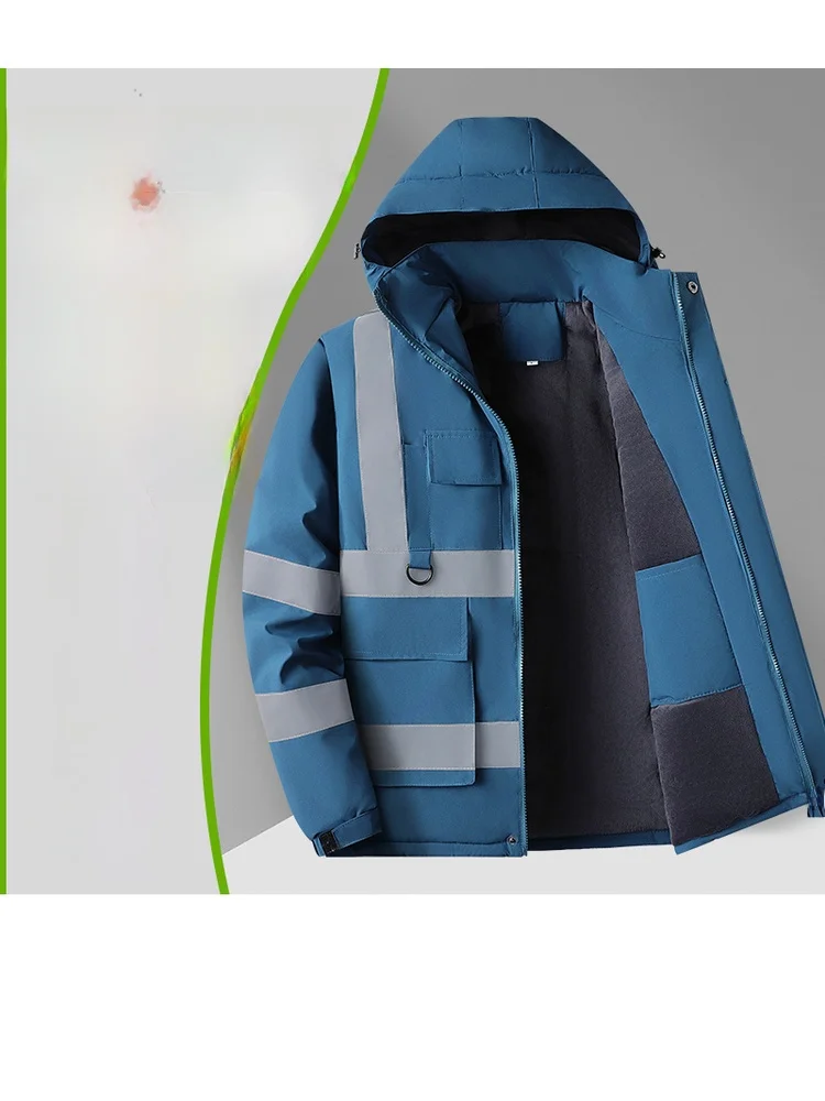 メンズ冬用反射コットンジャケット、取り外し可能な帽子付き、防風フィッシングアウター、プリント刺繍ロゴ入りワークウェア、スタンダードフィット