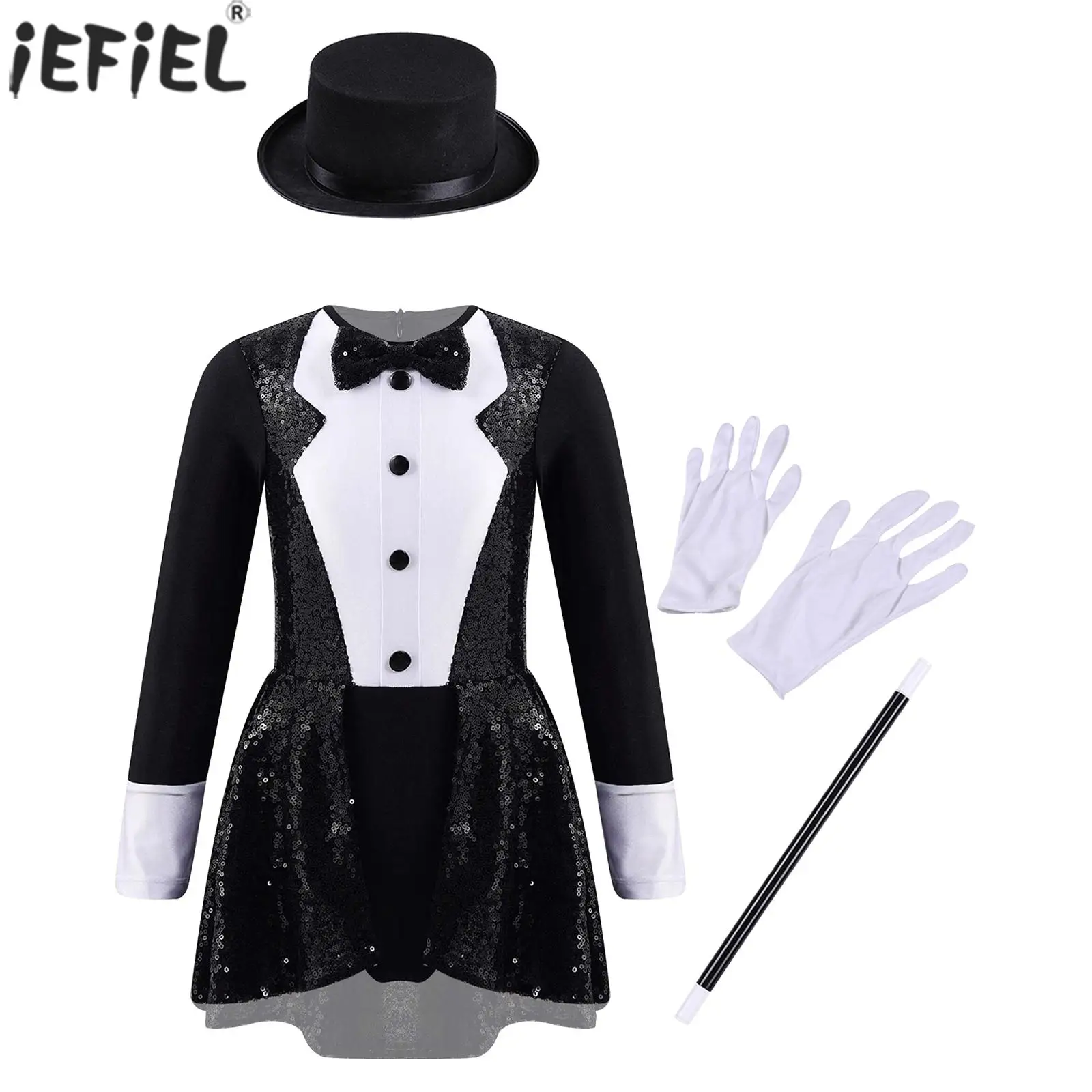 Costume de Magicien pour Fille, Robe Justaucorps à Paillettes Brillantes avec Chapeau, Baguette et Gants, pour Halloween LYus Magic Show Cosplay Performance