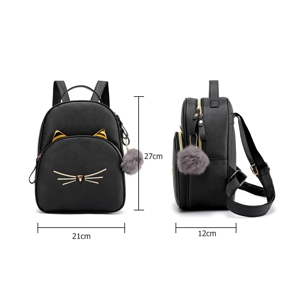 Travel Backpack Women Rucksack Teenagers 2023 Student School Bags for Girls Cartoon Cat PU Leather Satchel Black Shoulder Bag