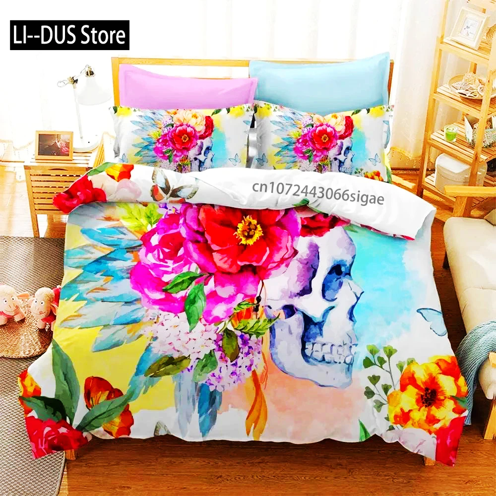 

3D Sugar Skull Comforter Cover Set Twin Size Flowers Print Bedding Set Black Microfiber Polyester Duvet Cover Set