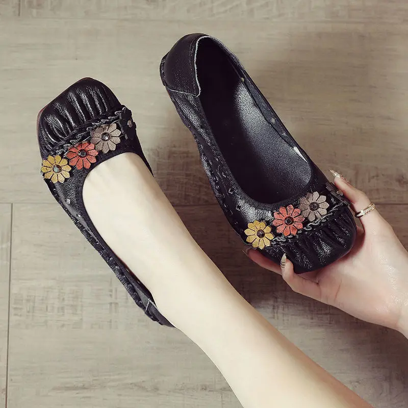 Plus size 42 Square Toe Retro Floral Flats Woman Sewing Cutout Shallow Loafers Genuine Leather Breathable Shoes Womens Moccasins