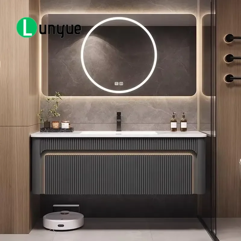 Custom Modern Luxury Grooved Wall Mounted Bathroom Sink with Integrated Ceramic Basin and LED Mirror Cabinet Wholesale