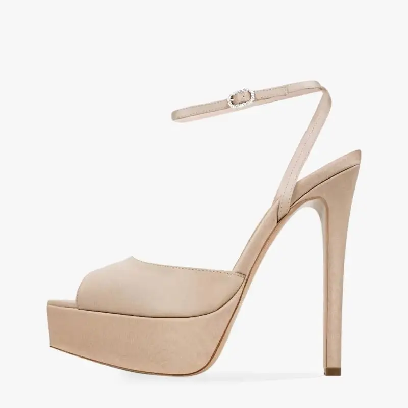 

Arden Furtado Summer Nude Satin Platform Peep toe Crystal Banquet shoes Pointed toe Super high heel Sexy One word buckle Sandals