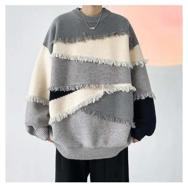 Fashionable Korean Design Tassel Soft Waxy Sweater for Men Large Size Personalized Loose Y2K Autumn and Winter Lazy Retro Top