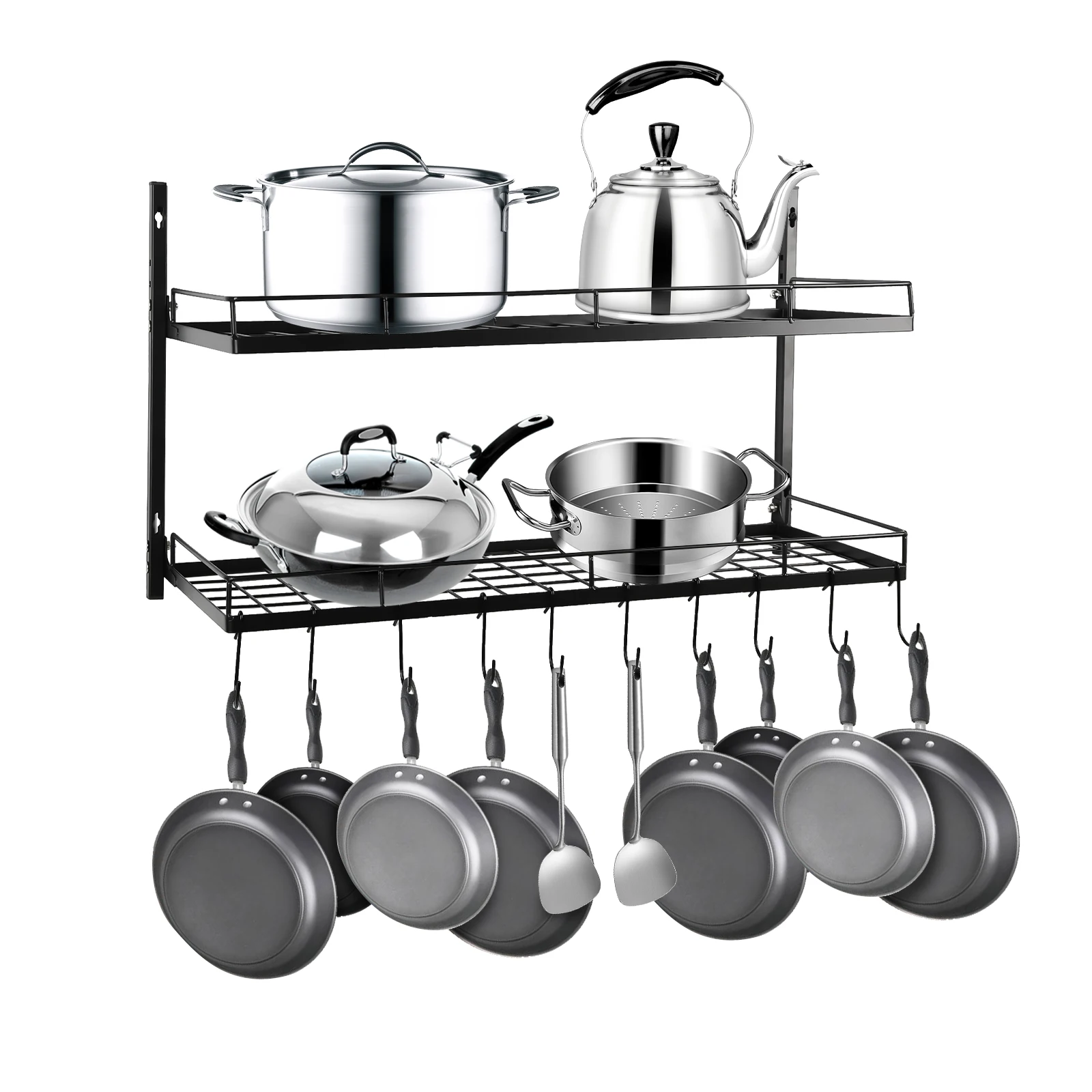 Hanging Pot Rack 2 Tier Pan Rack Wall Mounted Pot Holders for Kitchen Storage Pot and Pan Organizer with 10 Hooks