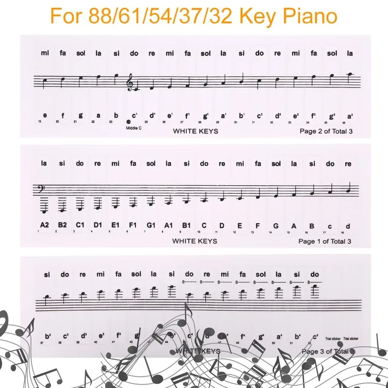 32/37/54/61/88 Key Piano Stickers PVC Transparent Piano Keyboard Piano Stave Electronic Keyboard Name Note Sticker Accessories