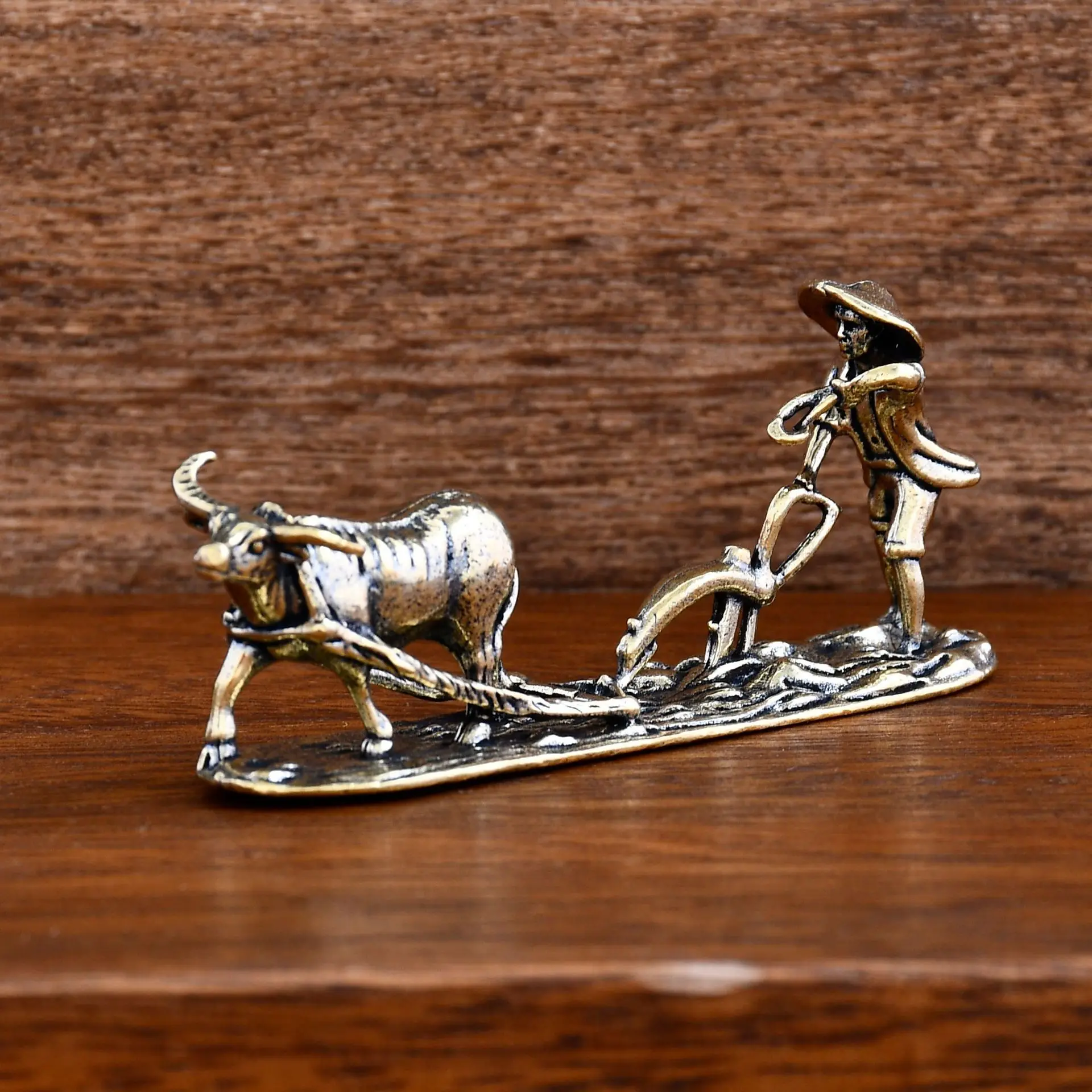 Brass Farming Scene Ornament: Old Man and Plow Ox—Home Decor for the Living Room, Tea-Drinking Companion, Brass Sculpture