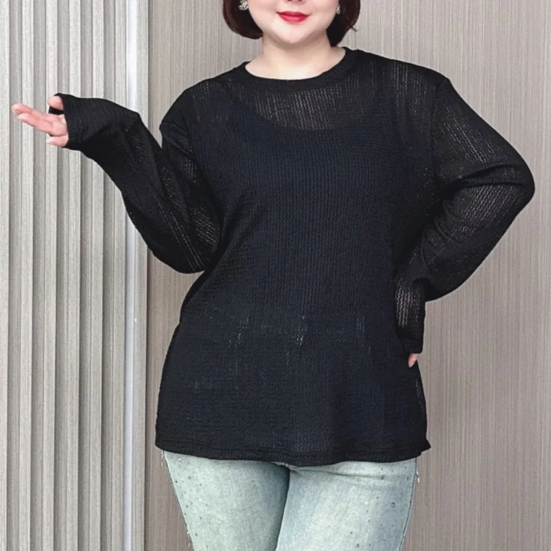 Hollow-out Breathable Long Sleeve T-shirt Women 2024 Summer New Plus Size  Casual Slimming Sun Protection Clothes Slit cover-up