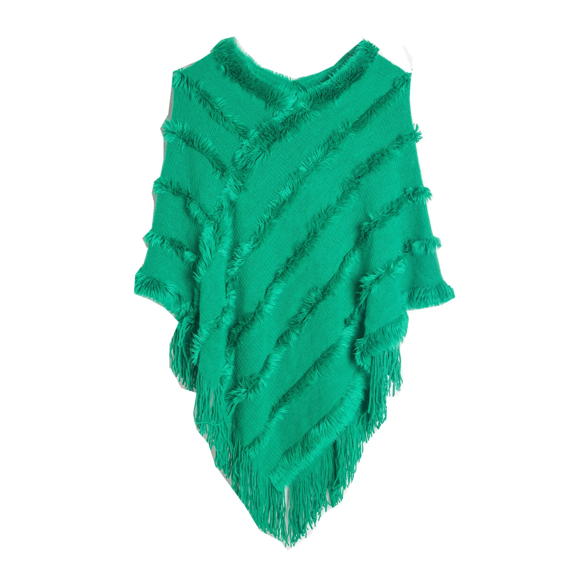 

New Spring Autumn Winter V-neck Solid Color Knitted plush Shawl Fashion Street Poncho Lady Capes Green 1 Cloaks