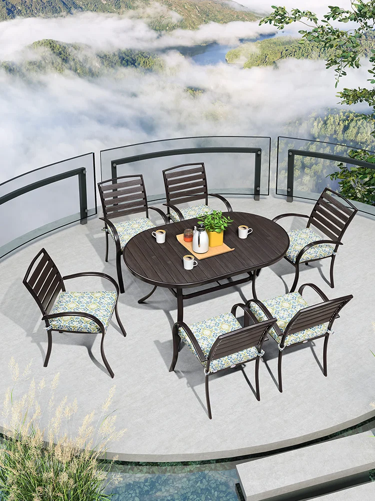 

Outdoor table and chair combination outdoor aluminum alloy dining table and chair courtyard garden villa plastic wood leisure ch