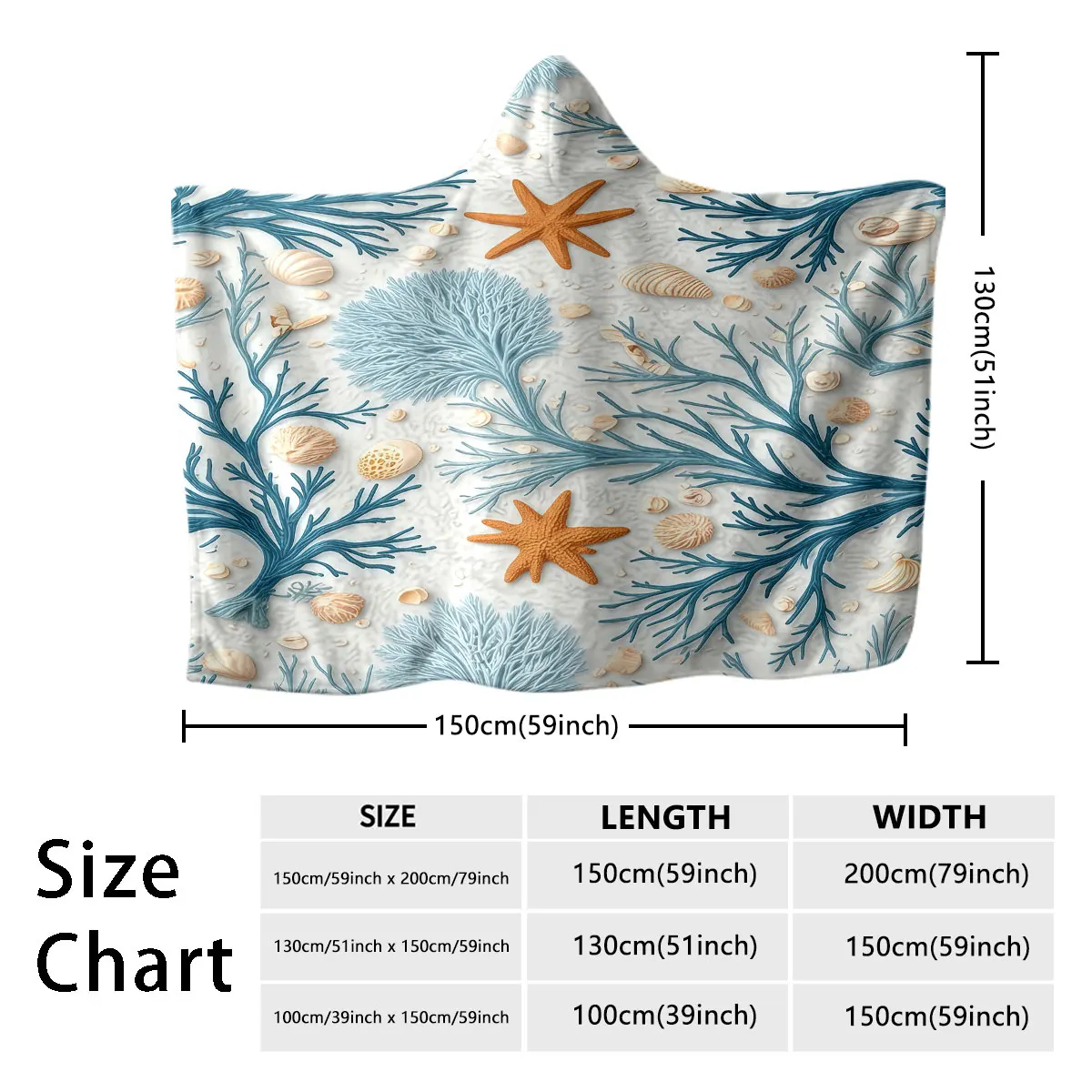 A flannel hoodie with a marine pattern featuring blue coral orange starfish shells blanket multiple sizes view 3