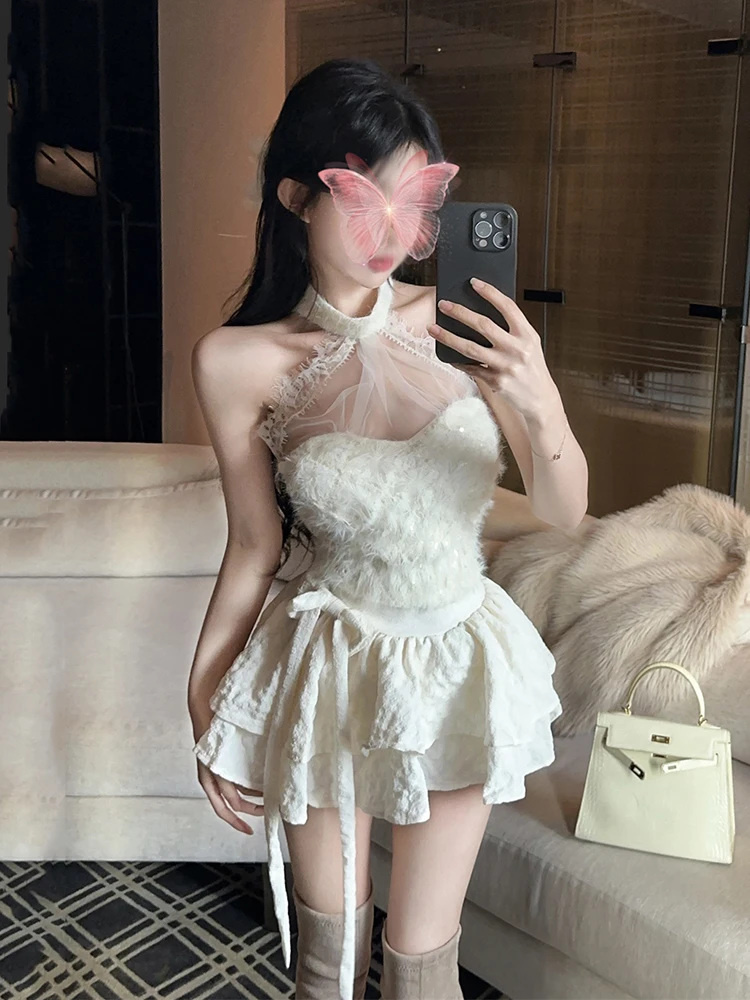 REDDACHiC – ensemble haut et jupe en fourrure à paillettes, ensemble assorti, dentelle creuse, col licou, gilet sans manches, nœud, Mini jupe gâteau, vêtements mignons Lolita pour femmes