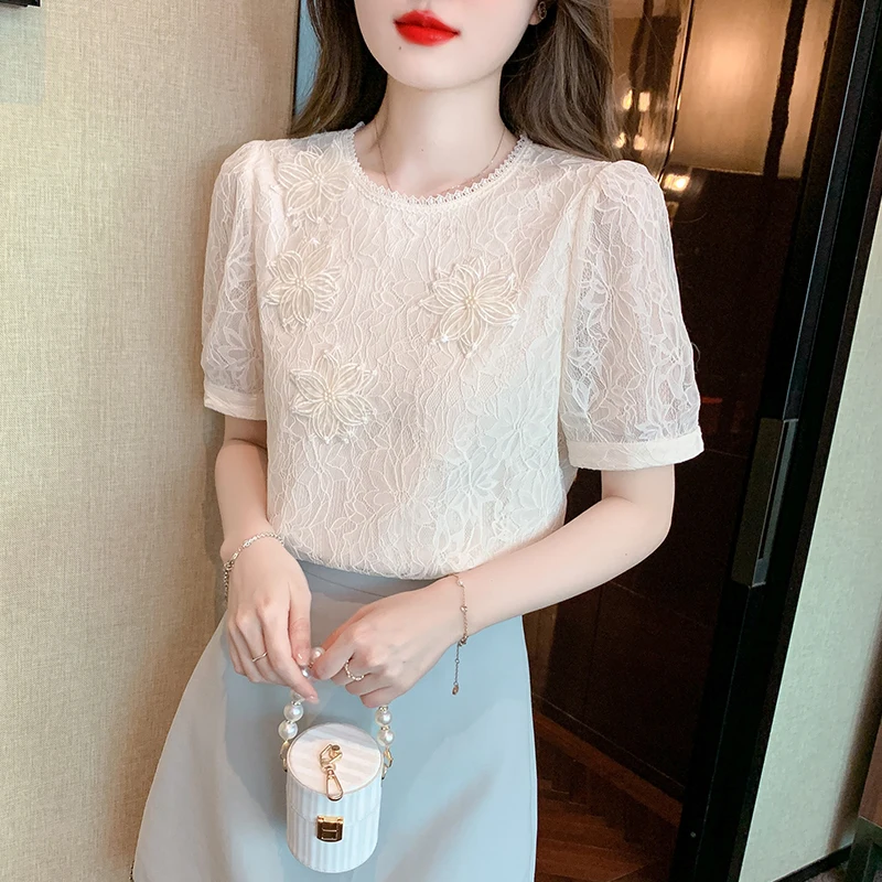 Fashion New Summer Short Sleeve O-Neck Women Blouse Casual Lace Blouse Shirt Women Tops  Blusas Mujer De Moda 2024 Verano J771