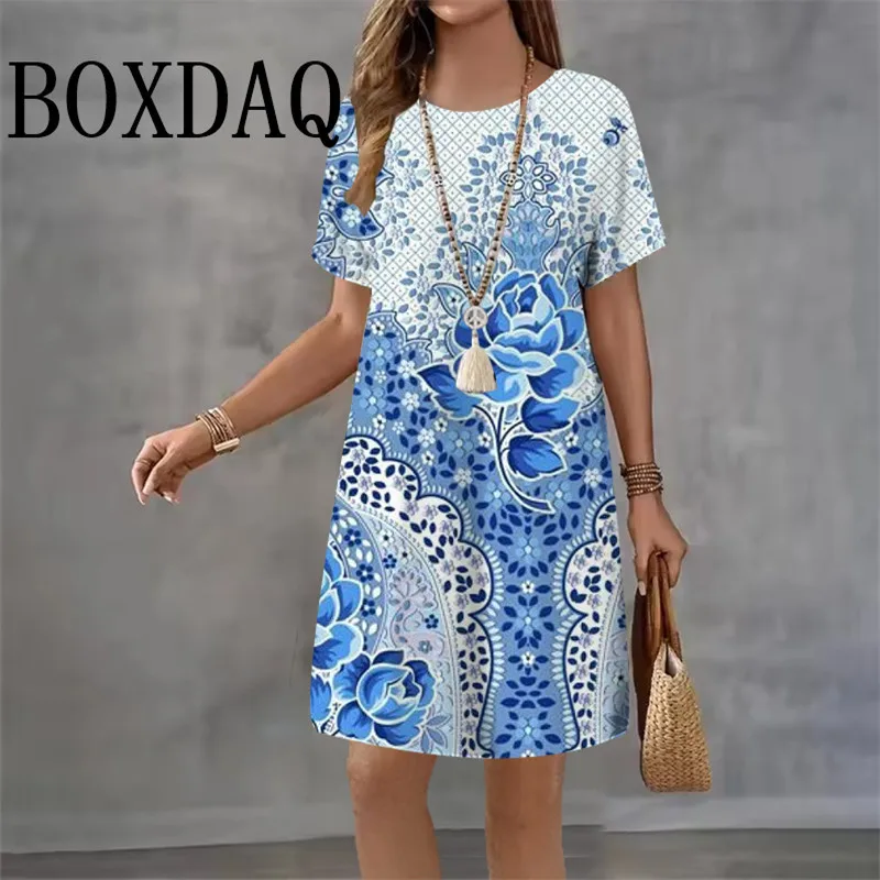Vestidos cortos con estampado de flores azules para mujer, moda 2021, vestido holgado de manga corta con estampado 3D, vestido informal de playa acampanado