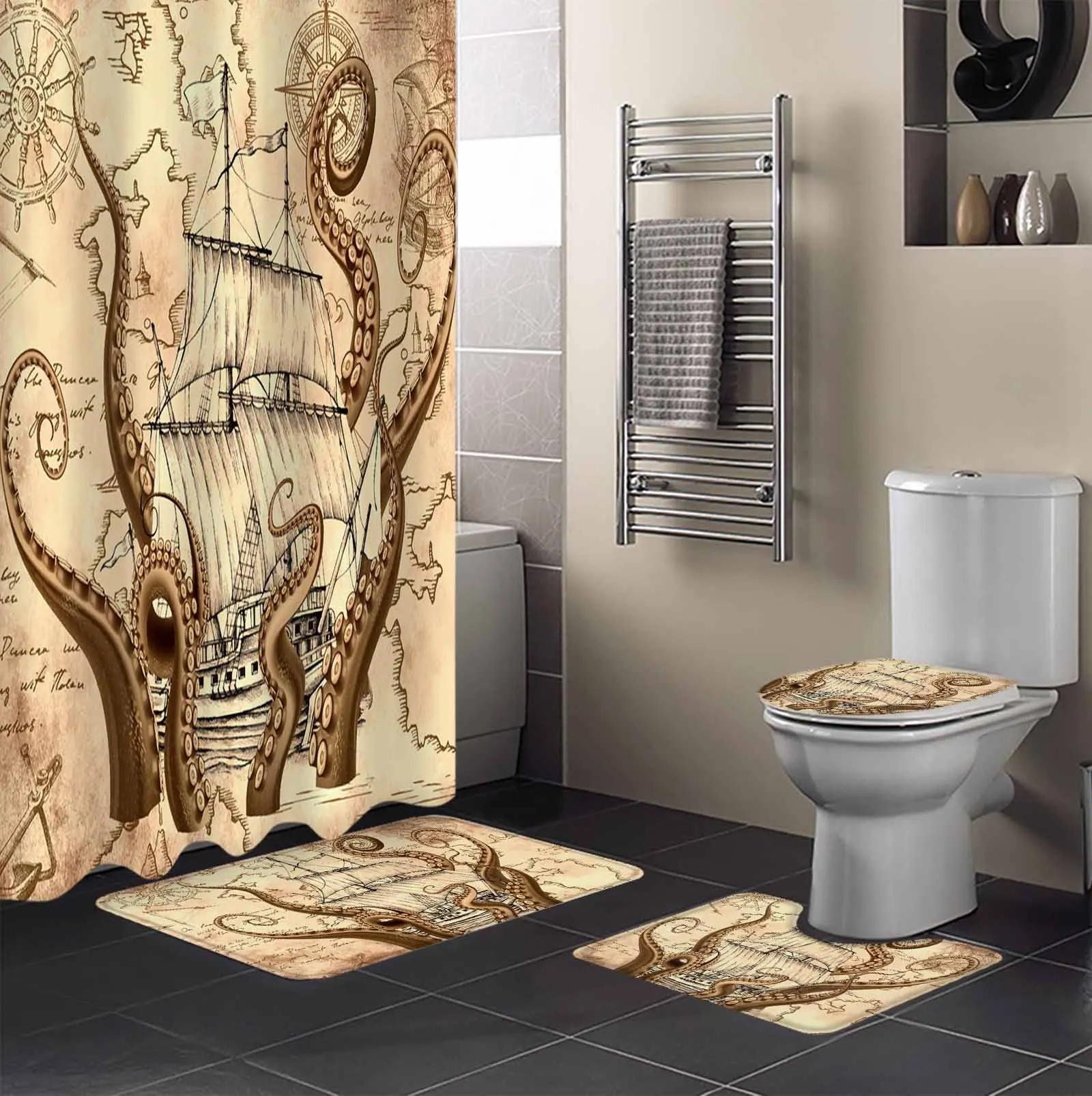 Nautical Octopus Retro Shower Curtain Non-Slip Rugs Toilet Lid Cover and Bath Mat Bathroom Curtains with Hooks