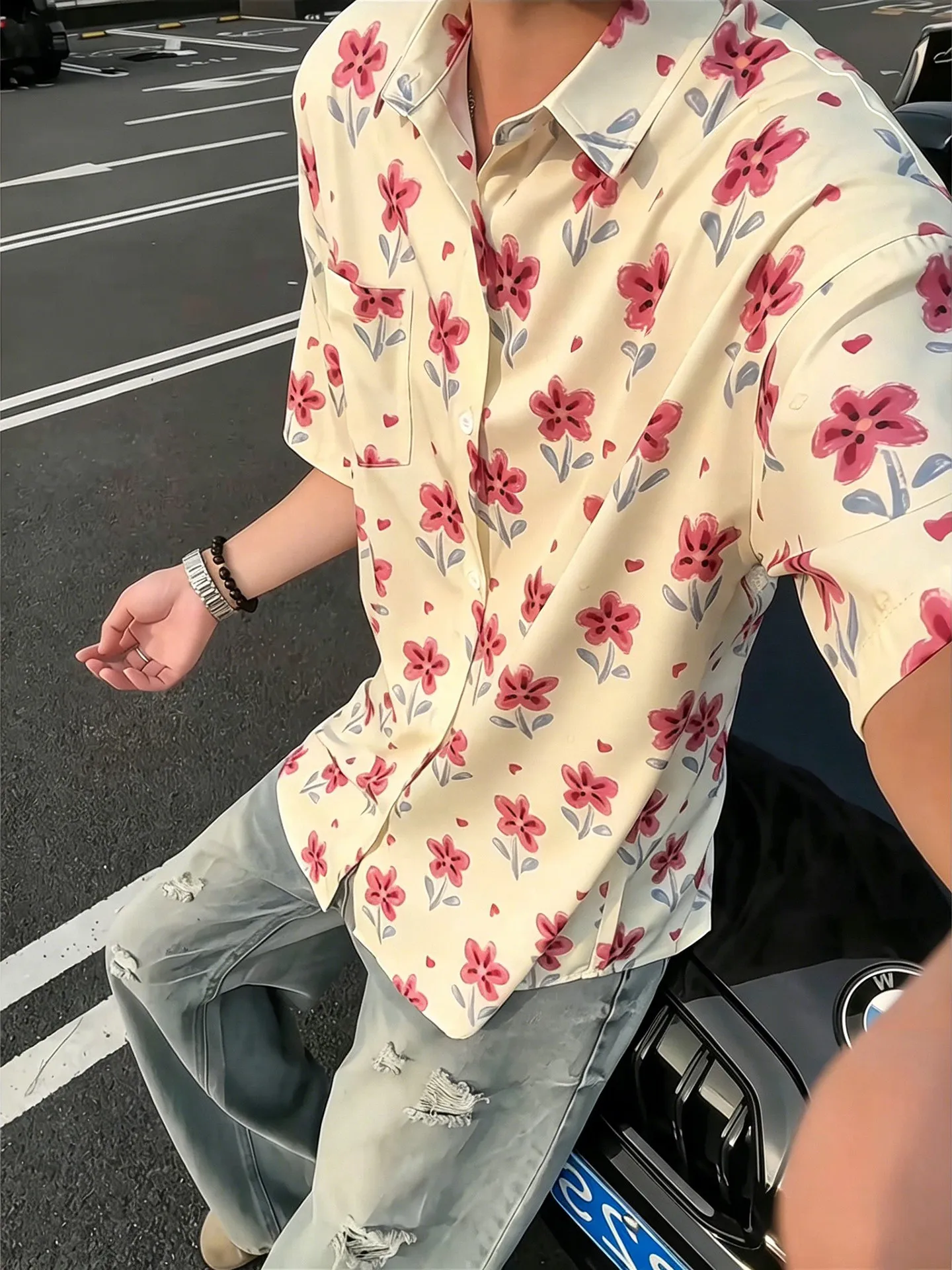 

White Floral Print Ice Silk Short Sleeve Men's Shirt Summer Island Vacation Drapey Beach Couple's Cotton Polyester Blend