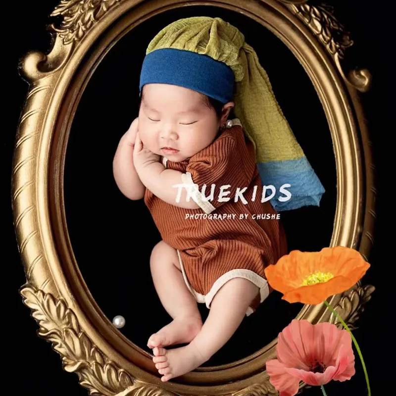 2022 Newborn cotton hat wrap set photography props,Italian painting style baby photo props