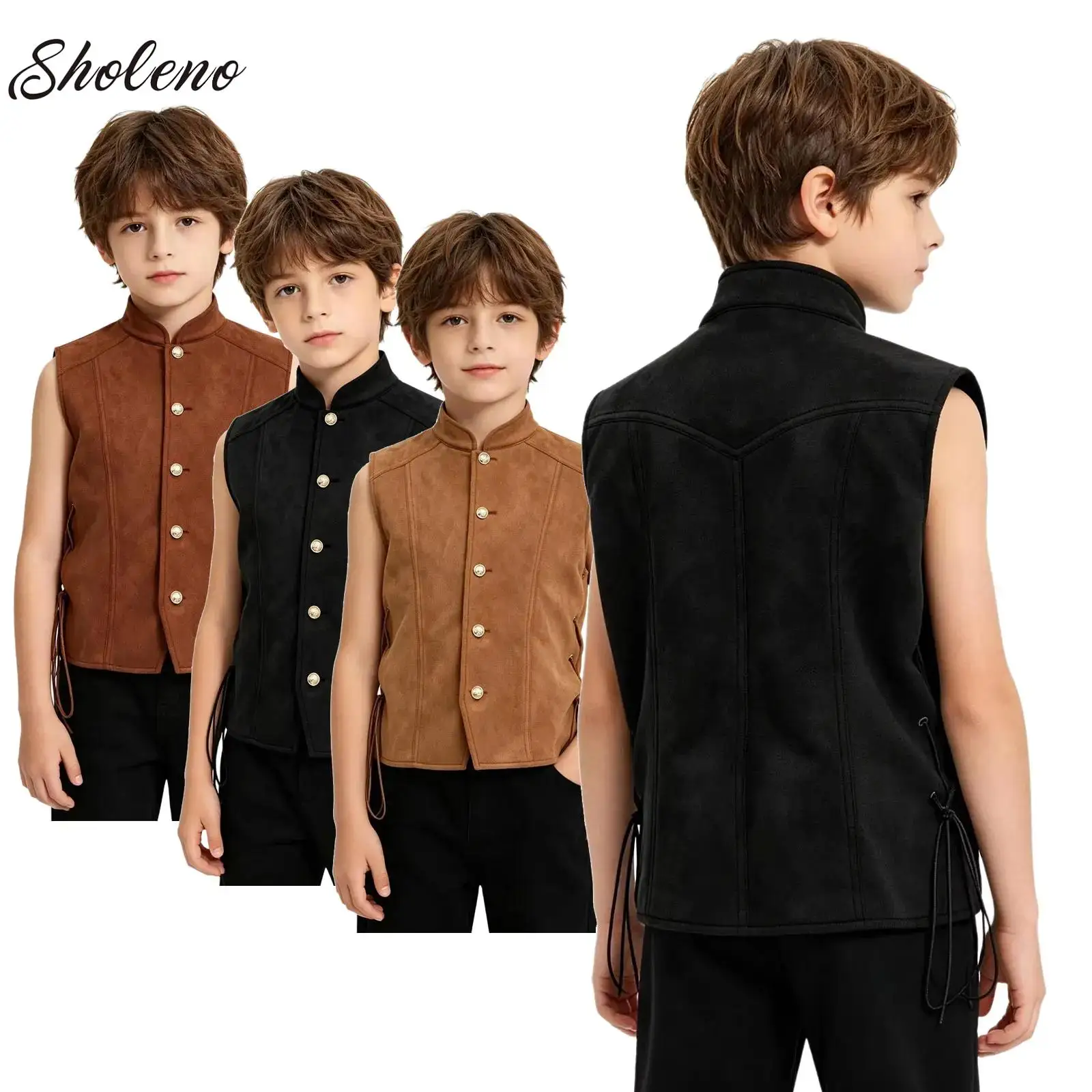 

Boys Pirate Costumes Medieval Renaissance Vest Halloween Party V Neck Sleeveless Lace-up Pirate Gothic Steampunk Waistcoat
