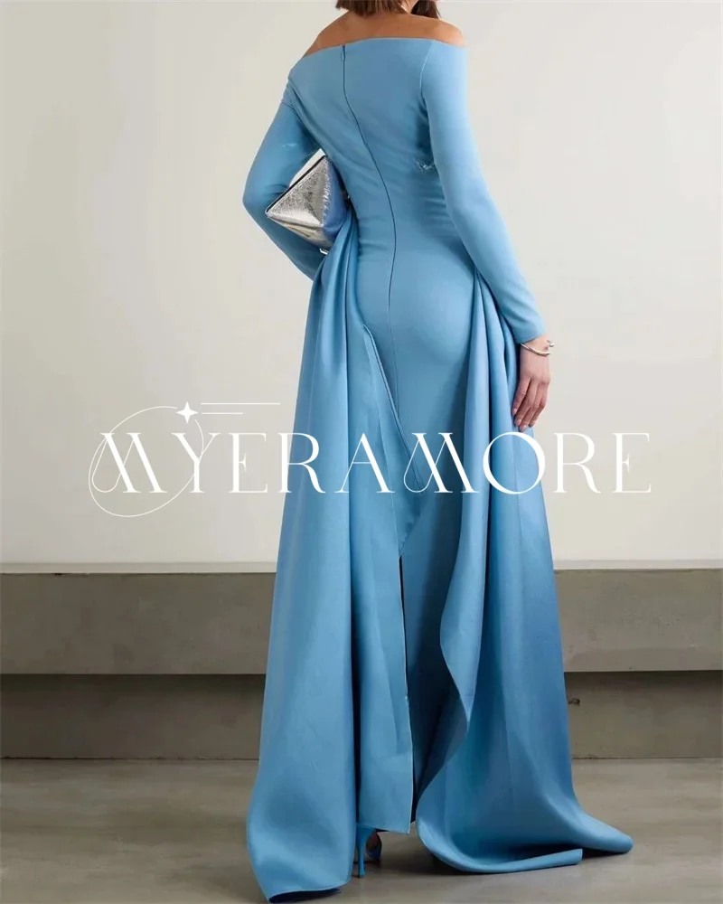 Elegant Satin A-Line Evening Dresses Off The Shoulder Long Sleeve Sweep Train Pleats Prom Gowns Customized فساتين سهرة