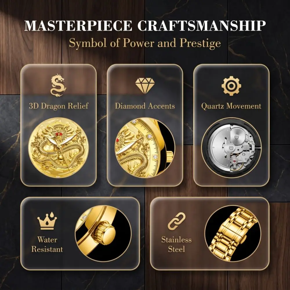 Luxury Stainless Steel Band Men's Watch Luminous Gold Color Quartz Watch Ultra-Thin Calendar Date Dragon Pattern Clock Women