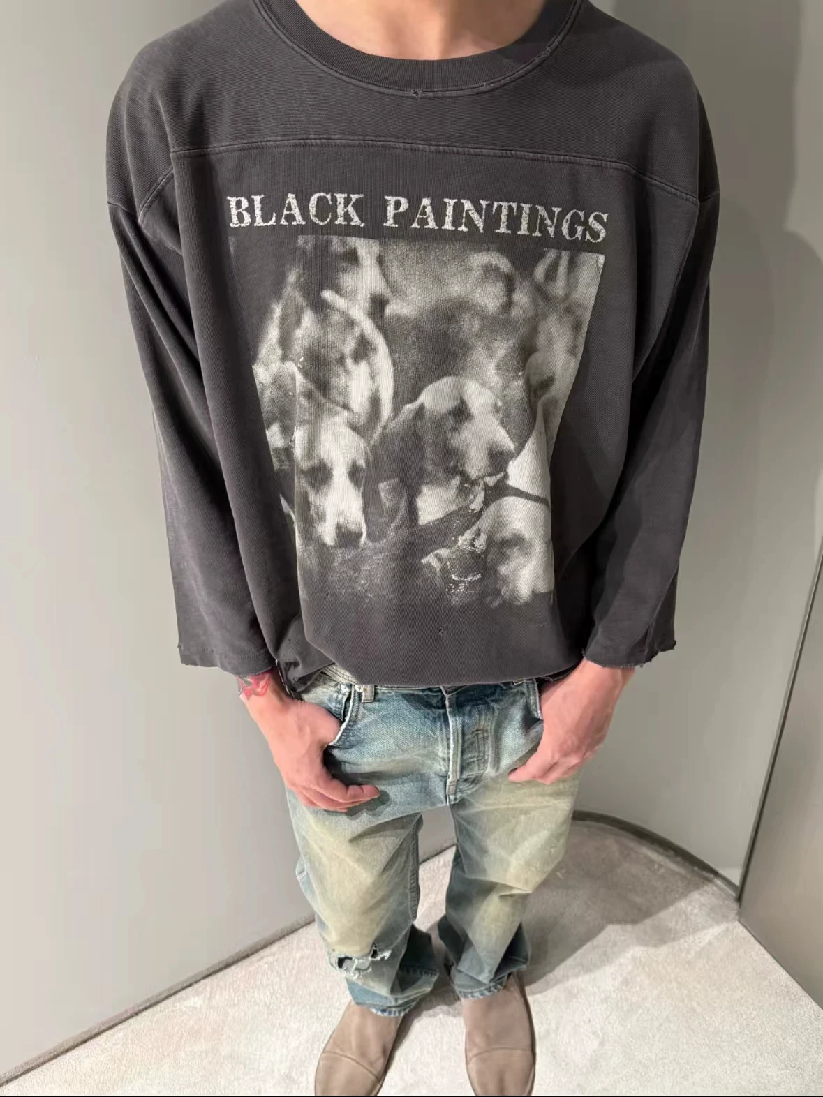 Depressed Rich Kid Double-Layer Slub Cotton Vintage Hound Print Distressed Long Sleeve Loose Drop Shoulder Cropped Sleeve