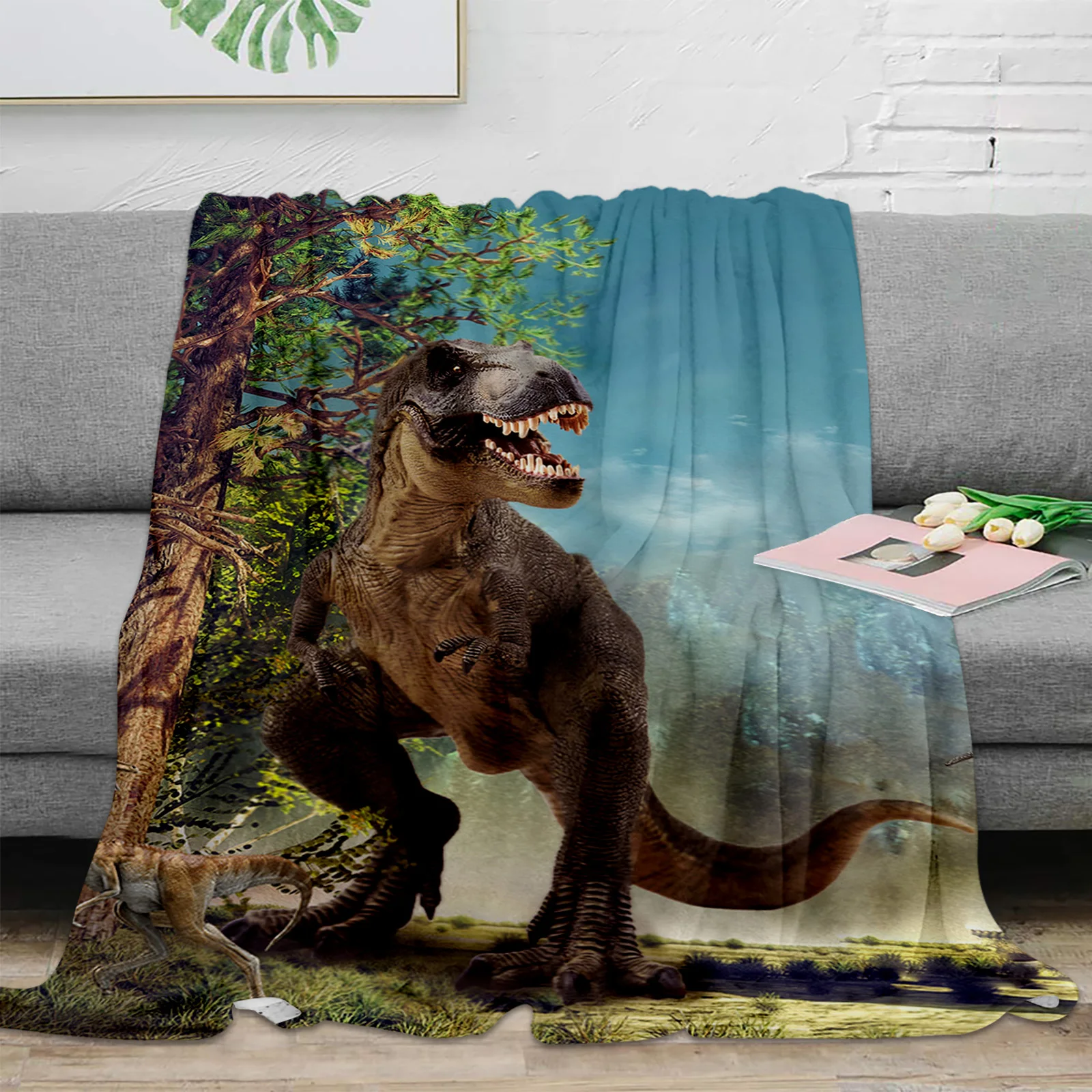 Jurassic 3D Dinosaur Virgin Forest Throw Blanket Warm Plush Blankets Portable Travel Camping Picnic Blanket