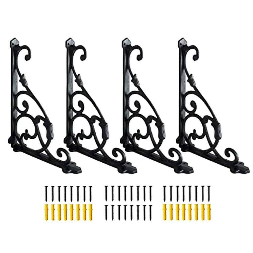 Retro Style Cast Iron Shelf Brackets 11 x 7.5 Inch Pack of 4 Antique Black With Screws Included