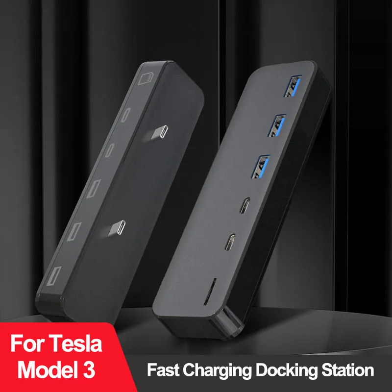 Docking Station For Tesla Model 3 Y USB Hub 27W Intelligent Fast Charging 6 in 2 Type-C Micro SD Model3 Modely 2021-2023