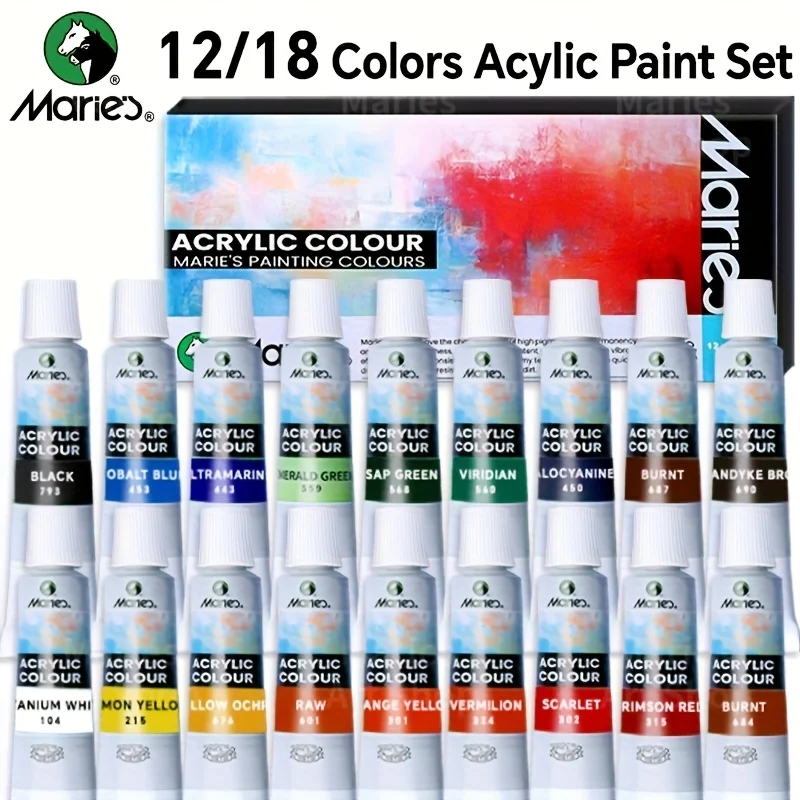 Marie's Acrylic Paint Set, 12/18 Colors x 12ml, Gifts in Art Supplies Painting on Fabric, Wood, Rock Canvas for Adults, Beginner